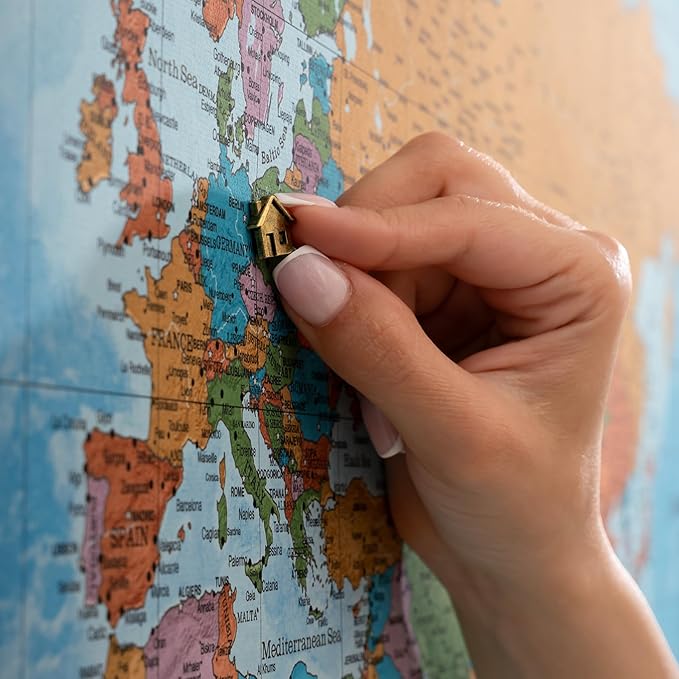 Canvas World Map with Cork Pin Board - English Lettering - Decorative Wall Decoration for All Rooms - Canvas Pictures with World Map Motif (120x80 cm, Pattern 21)