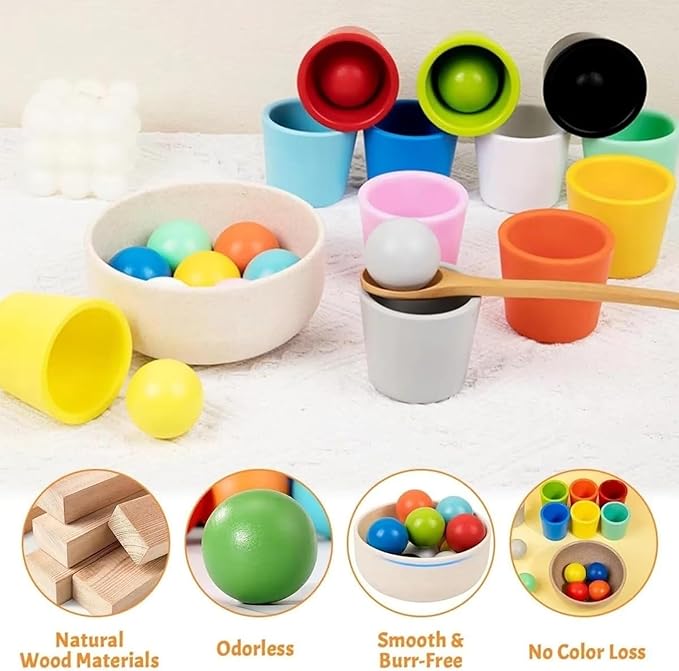 Rainbow Balls in Cups Toddler Toys, Kids Color Classification Cup Game, 10 Color Classification Beads, Wooden Colors Sorting Toy with 10 Ball, Learning Colors Sorting and Counting(10 Color)