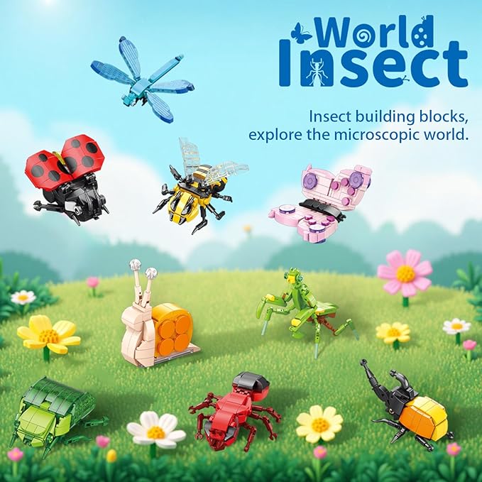 Insect Collection Mini Building Sets,Party Favors for Kids 9 Pack Insect Bug Blocks Toy,Christmas, Birthday Party Gifts for Boys and Girls(972PCS)