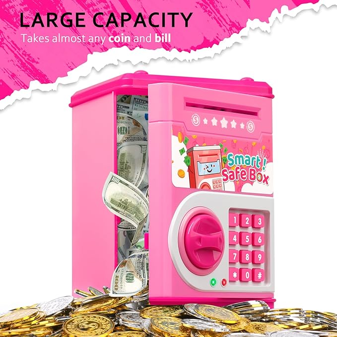 ATM Piggy Bank for Boys Girls, Vcertcpl Mini ATM Coin Bank Money Saving Box with Password Code, Kids Safe Money Jar for Real Money with Auto Grab Bill Slot, Great Gift Toy Bank for Kids (Pink)