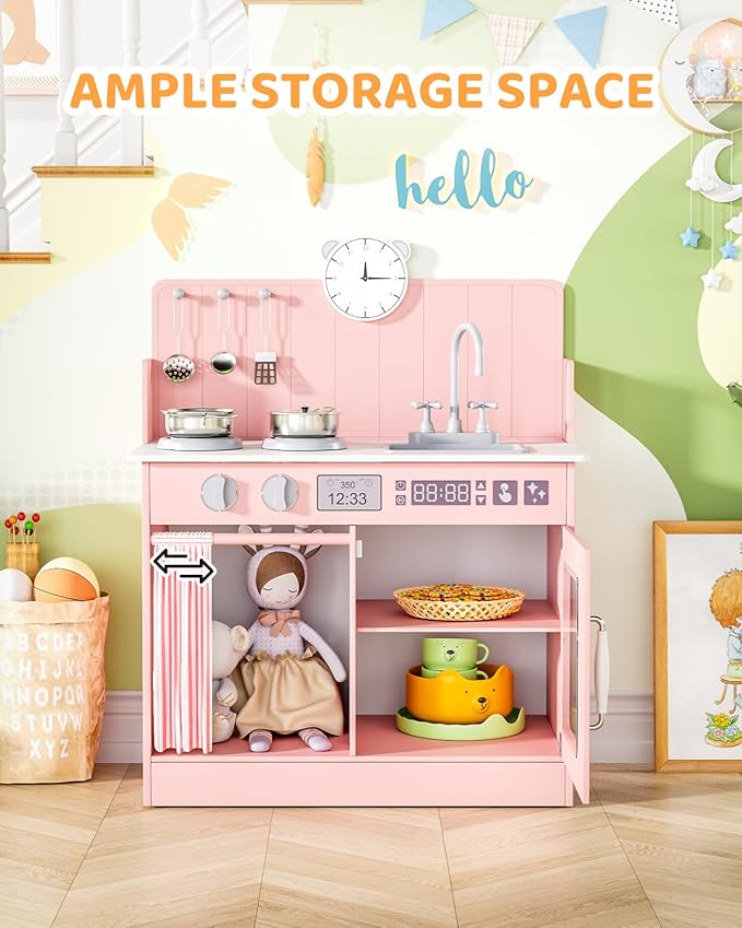 MAMIZO Kids Kitchen Playset with Ample Storage, Interactive Play Kitchen with Simulated Gas Cooker, Clicking Knobs, Sink, Faucet, 6 Pcs Cookware, Educational Clock for Toddlers (Pink)