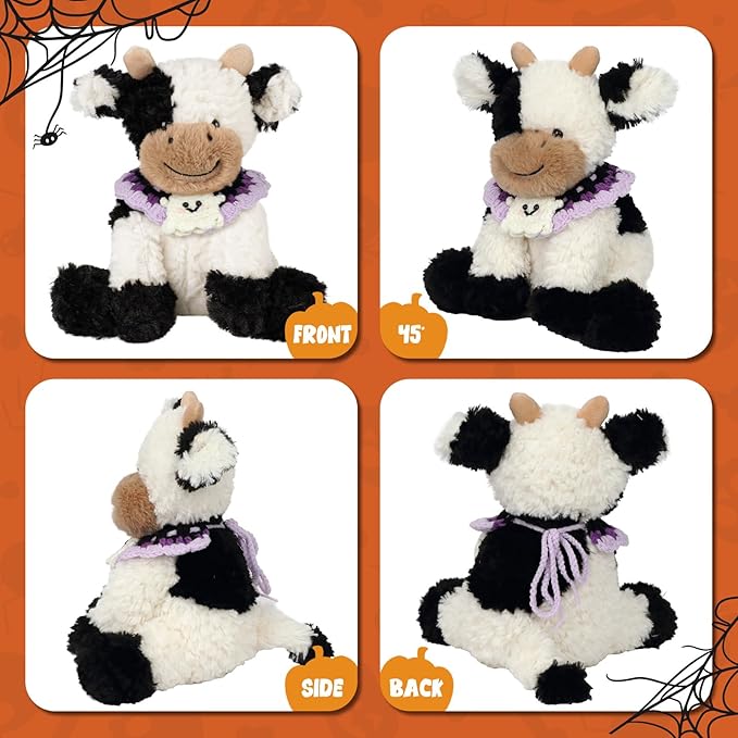Hopearl Adorable Halloween Plush Cow Toy with Knitted Cute Ghost Bib Floppy Dairy Cattle Soft Stuffed Animal Gifts for Boys Girls Kids Toddlers, 9''