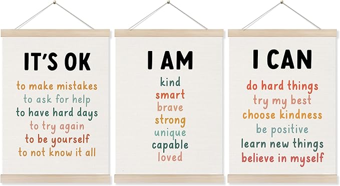 Inspirational Classroom Wall Art Poster Hanger Frame 12x16 Inch Set of 3, Positive Affirmations for Kids, Motivational Canvas Pictures Prints Framed Wall Decor for Classroom Kids Room Playroom