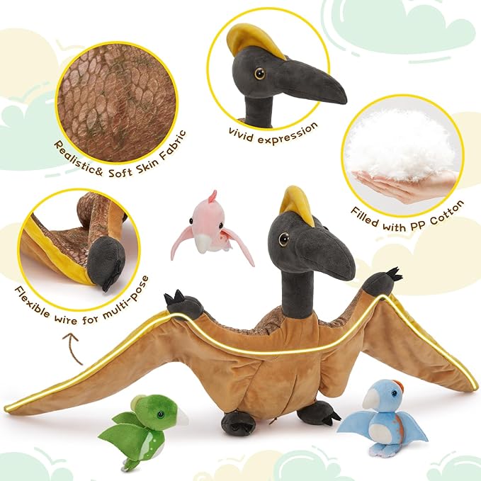 MaoGoLan Pterodactyl Plush Pteranodon Stuffed Animals for Kids, 37 inch Giant Plush Dinosaur Toy Large Pterosaur Mommy with Babies - Dino Squad Party Favors Decorations