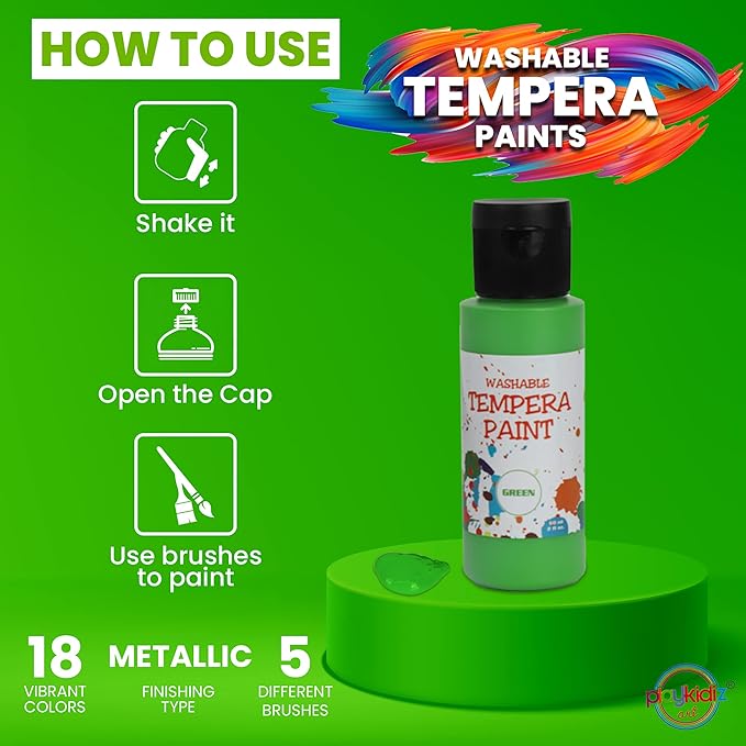 Washable Tempera Paints Set of 18 for children, Kids Non-Toxic Acrylic Paint, Kid Friendly, Kid Safe Paint Set, Includes Variety of Brushes, Color, Craft, Create and Party.