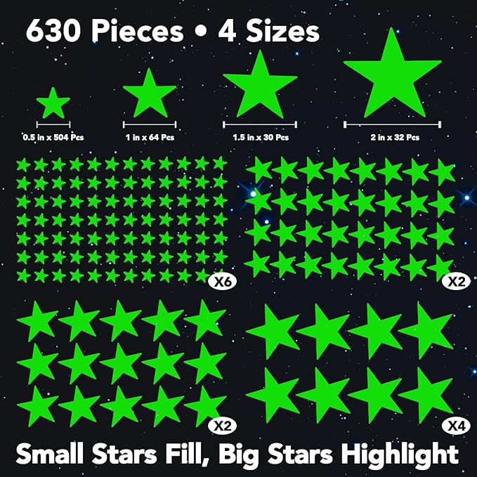 AOWDIAO Glow in The Dark Star Stickers – 630 Pieces (4 Sizes) – Luminous Ceiling & Wall Decor for Kids’ Bedroom, Nursery, Party