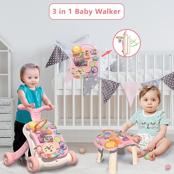 QDRAGON 3 in 1 Baby Walker and Activity Center for Girl, Learning to Walk, Sit to Stand, Early Educational Push Toys with Music Panel for Infant Toddler 12+ Months Pink