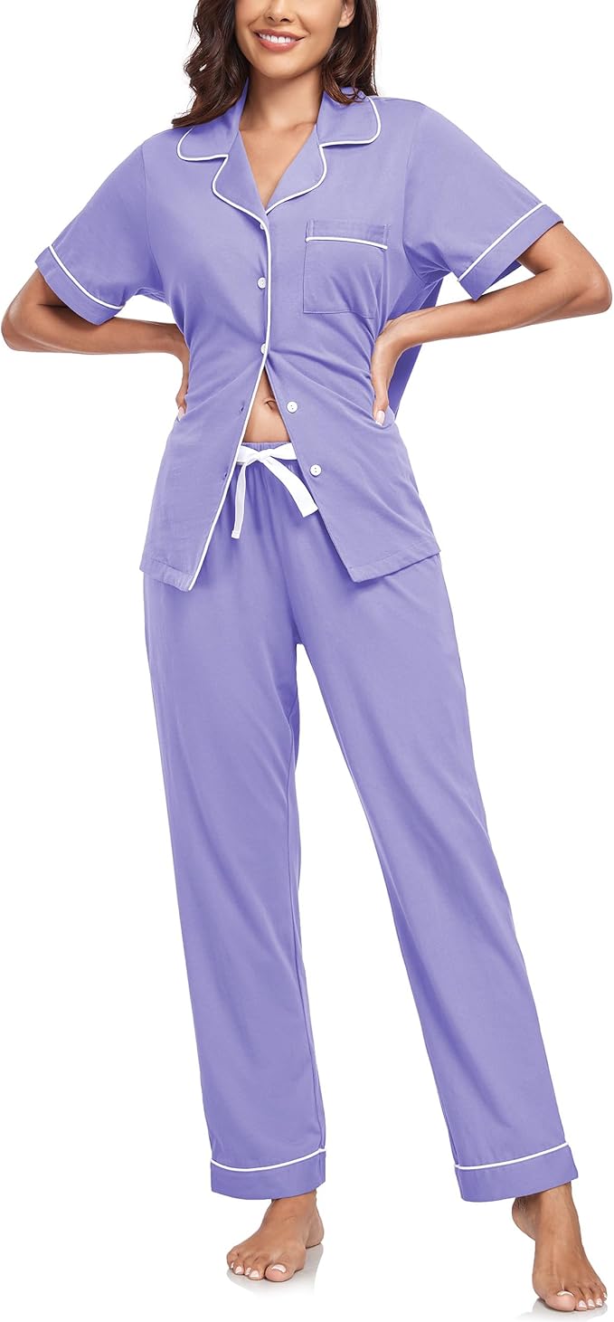 CF Womens 100% Cotton Pajamas Set Button Down Pjs Sets Short Sleeve Top & Long Pants Sleepwear Comfy Loungewear with Pockets