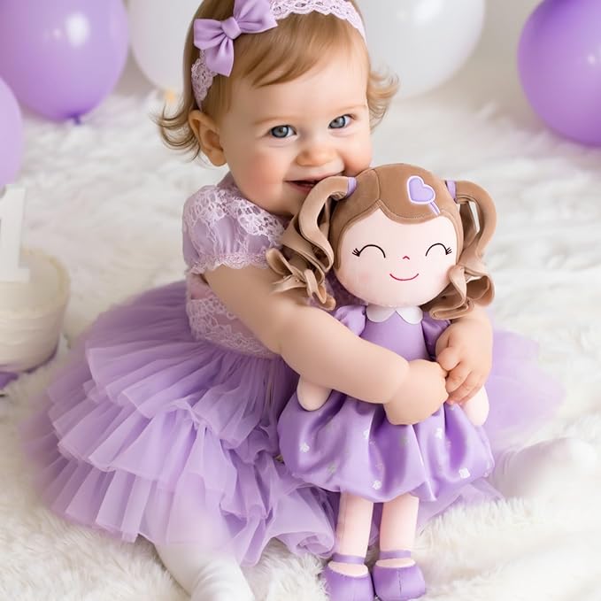 Gloveleya Baby Doll Gifts Plush Curly Girl Toys with Love 16" Purple Light Skin