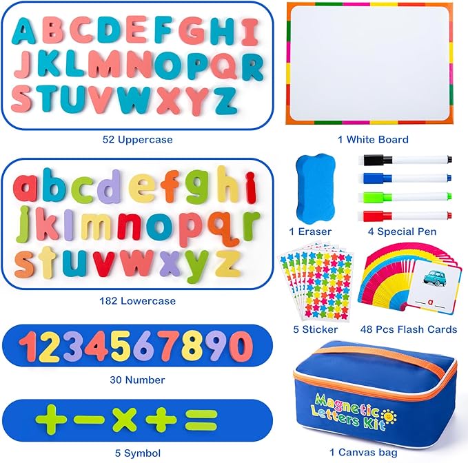 Sundaymot Magnetic Alphabet Letters Kit，310 Pcs with Magnetic Board and Organizer Bag, Upper and Lower Case Wooden Letters， Educational Toy Set for Classroom Kids Learning Spelling