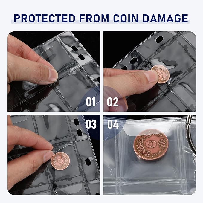 25 Sheets Coin Collection Pocket Pages for Collectors, Coin Sleeves Holder Book, 9-Holes Coin Album Collecting Binder for Coin Stamp Currency Collection Coin Stamp Currency Collection