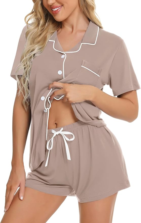 SWOMOG Womens Button Down Pajamas Set Short Sleeve Sleepwear Bride Soft Pj Lounge Sets XS-3XL