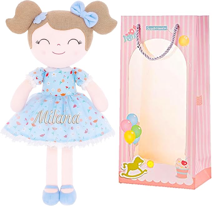 Gloveleya Personalized Doll with Embroidered Name - Floral Blue Custom Plush Doll for Girls Cute Plush Doll Customized Gift - Muñecas de Trapo Personalizadas para Niñas