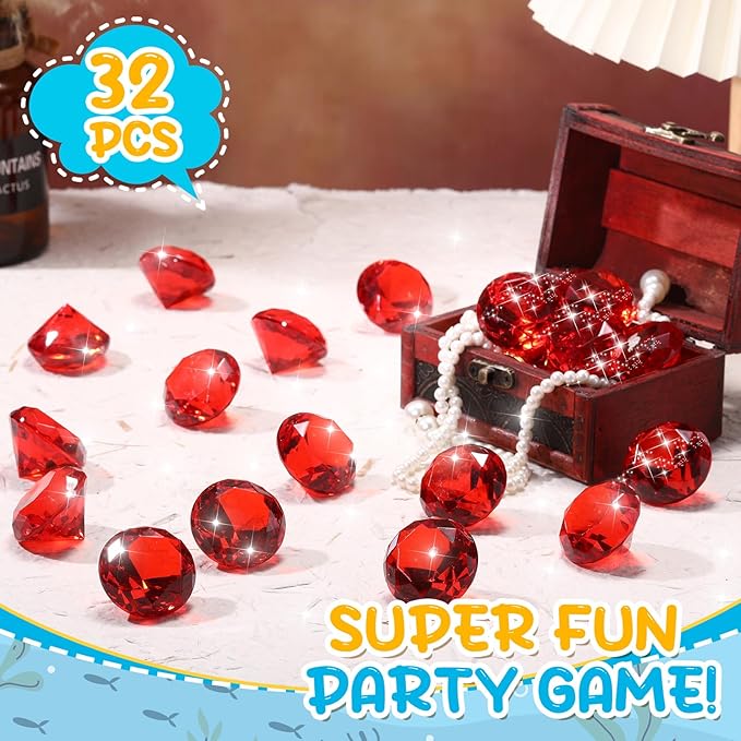Zomiboo 16 Pcs Acrylic Diamond Large Gems Pirate Round Treasure Toy Gems Treasure Round Gemstones Acrylic Diamond Shaped Gemstones for Home Table Vase Fillers Party Decor (Red)