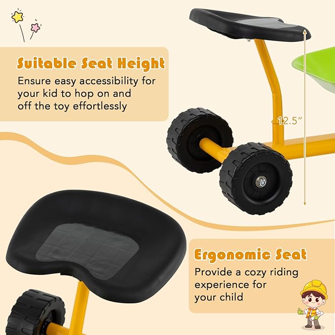 Costzon Kids Ride-on Sand Dumper, Children Outdoor Sandbox Toy w/Ergonomic Handle & 4 Wheels, Heavy Duty Steel Digging Metal Garden Play Tool for Boys Girls, Kids Wheelbarrow (Light Green)
