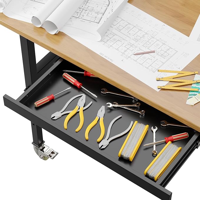 60" Adjustable Height Workbench, Heavy-Duty Work Bench Table with Locking Wheels, Portable Chipboard Work Table with Drawer & Power Outlets, for Repair Shop, Garage, Workshop, Office