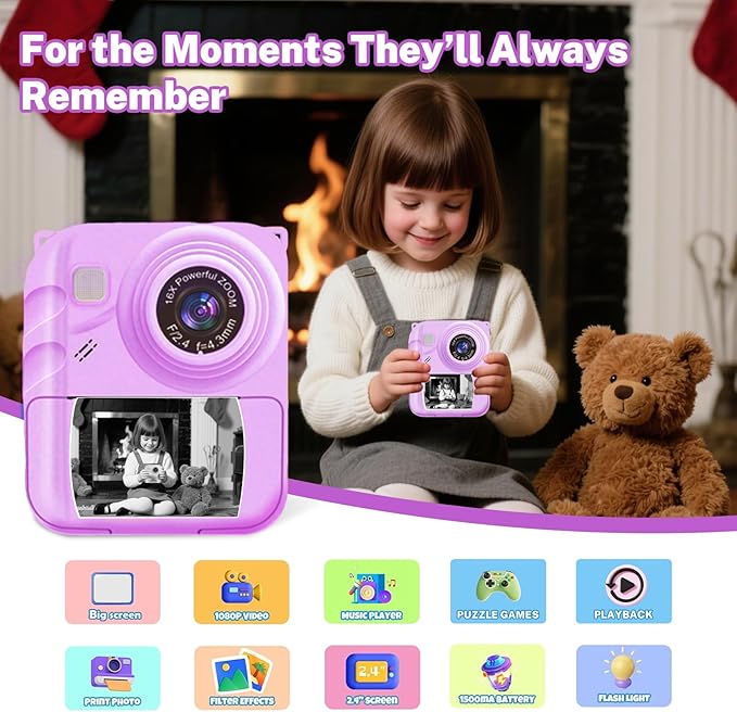 Instant Print Camera for Kids, 1080P Video Camera with 3 Print Rolls, 32GB Card & Cute Cover, Gift for Girls Boys Age 3-12, Toddler Digital Camera with Games, Filters, Music – Purple