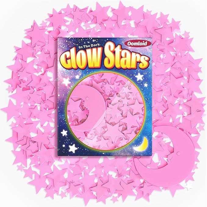 201 Pcs Glow in The Dark Stars Stickers for Ceiling, Toddler Stocking Stuffers Wall Room Decor Gifts, Luminous 3D Glowing Stars Easter Basket Stuffers for Kids Boys Girls - Pink