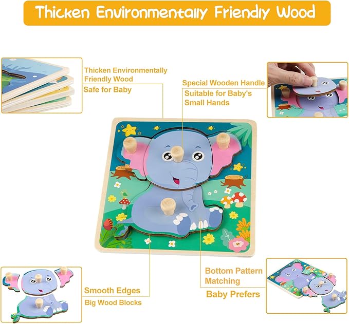 Eco Friendly Animal Puzzles, 4 Pcs Jigsaw with Handles, Infant Kid Montessori Puzzles for 1-3 Years Old