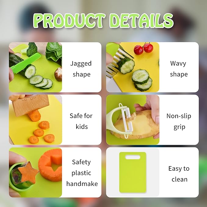 Montessori Kids Knives for Real Cooking, 13 Pieces Wooden Kids Kitchen Knife Set Include 4 Serrated Edges Plastic Toddler Knife,Crinkle Cutter Y Peeler Cutting Boards and Wood Toddler Safe Knife