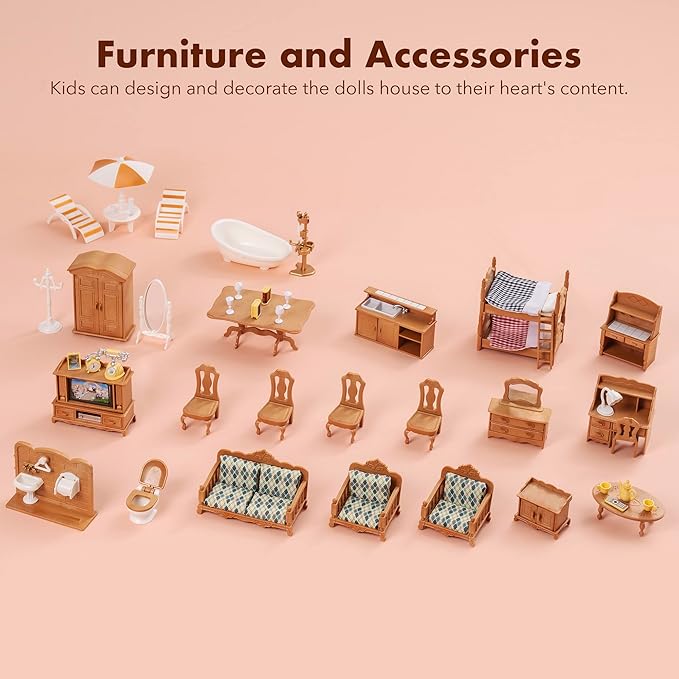ROBUD Wooden Dollhouse for Kids Girls, Pretend Play Toy Gift for 3 4 5 6 Years Old Girls Boys