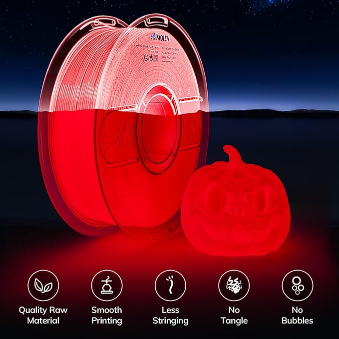 AMOLEN 3D PLA Printer Filament, 1.75mm Glow in The Dark Red PLA Filament for 3D Printing, Best with UV Lamps, 1kg Spool (2.2lbs), Dimensional Accuracy +/- 0.02 mm, Fit Most FDM 3D Printers