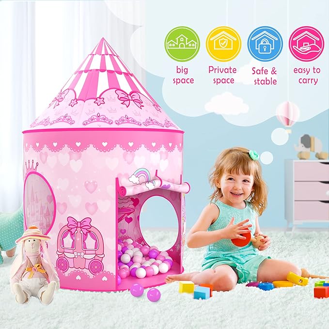 3PC Princess Tent for Girls with Kids Ball Pit and Crawl Tunnel for Toddlers, Pink Pop Up Playhouse Toys Indoor& Outdoor for Birthday Gifts