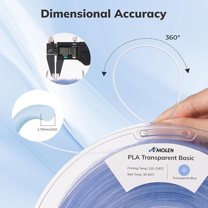 AMOLEN 3D Printer Filament Crystal PLA Translucent 1.75mm, Crystal Blue Clear Printing, Low Warping & No-Bubbles, Dimensional Accuracy +/- 0.02 mm, Fits Most FDM 3D Printers, 1kg Spool(2.2lbs)