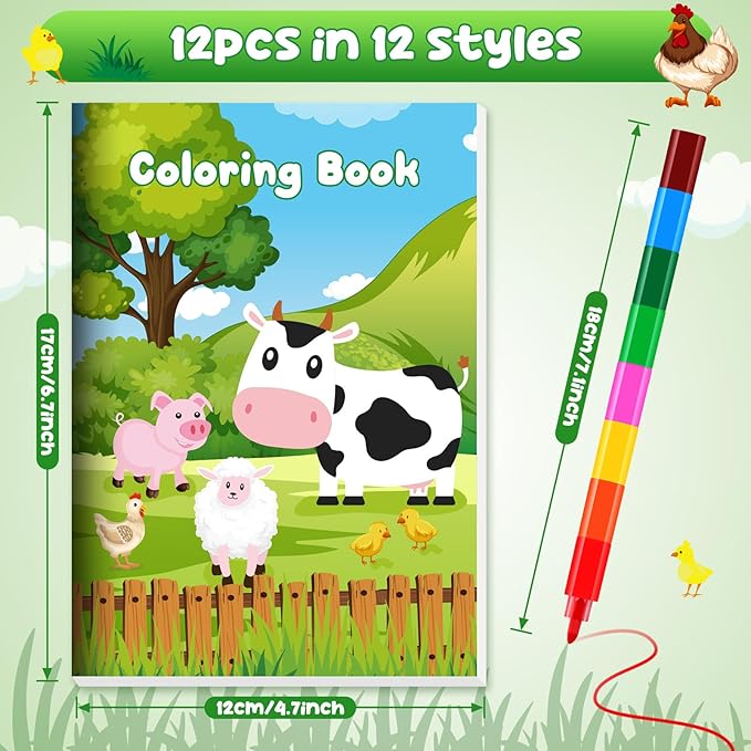 BenLouis 12 Farm Animals Mini Coloring Books Kids with 12 Stacking Crayons Cow Horse Barn Party Favors Small Activity Books Bulk for Kids Farm Birthday Party Gift Goodie Bag Stuffers