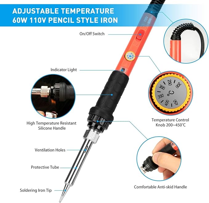 Soldering Iron Kit, 60W Soldering Iron with Ceramic Heater, 5-in-1 Adjustable Temperature Soldering Welding Iron Kit for any Hobby Enthusiast