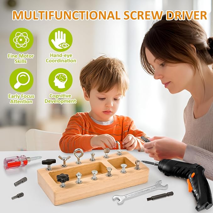 22 in 1 Montessori Toys Screwdriver Board Set with Electric Drill, Wooden Screw Driver Activities Tool for 3 4 5 Kids, Preschool Educational Sensory Learning STEM Fine Motor Skills Toys Gifts for Boys