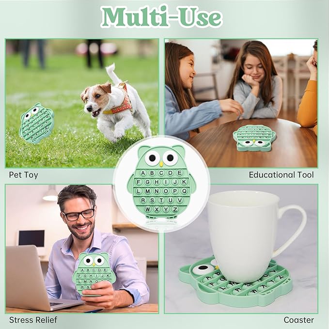 Fidget Toys for Kids, Owl Shaped Silicone Squeeze Sensory Toys, Alphabet Bubble Stress Anxiety Relief Relax Tools for Kids Adults School Classroom Gift Party Favors (Green)