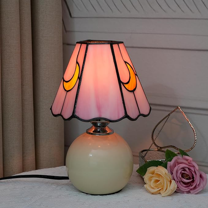 Mushroom Lamp Tiffany Stained Glass Moon lamp Cute Small Bedside Table Lamps for Living Room Home Decor,Girls Women Birthday Christmas Thanksgiving Day Gift,Pink