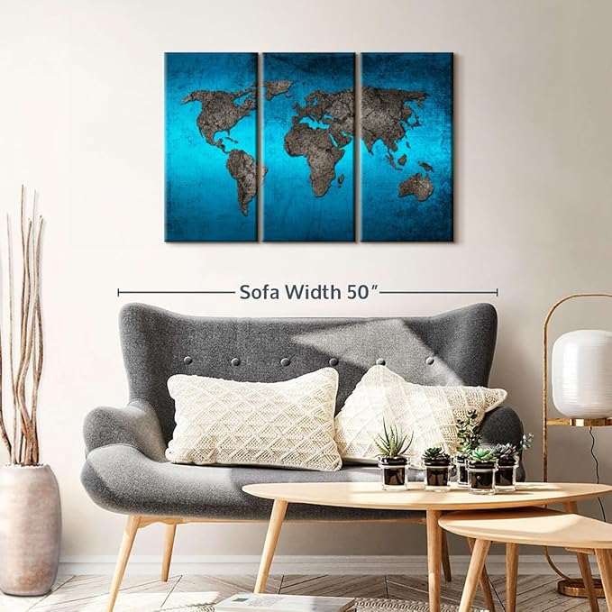 ElephantStock Ocean World Map Multi Piece Canvas - 3 Panel Wall Decor - Map of the World Art - Canvas for the Office and Home - 38" X 24"