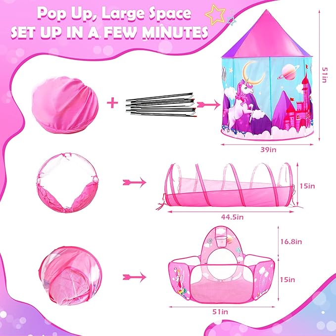 PigPigPen 3pc Kids Play Tent for Girls with Ball Pit, Crawl Tunnel, Castle Tents for Toddlers, Baby Unicorn Tent Toys, Girls Indoor& Outdoor Play House, Perfect Kid’s Gifts (3PC Unicorn Play Tent)