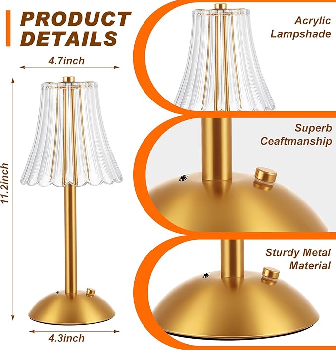 Liliful 1 Pcs LED Portable Cordless Table Lamp Touch Battery Operated Rechargeable Gold Desk Lamp 3 Color Dimmable for Bedroom Living Room Dining (Gold,Rose Style)