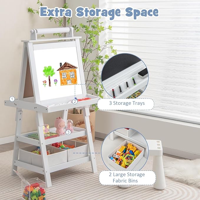 Costzon Kids Art Easel, 3 in 1 Double-Sided Painting Easel w/Magnetic Whiteboard, Chalkboard & Paper Roll, 2-Tier Storage Rack & 2 Boxes, Standing Easel for Kids, Toddlers, Gift for Boys, Girls
