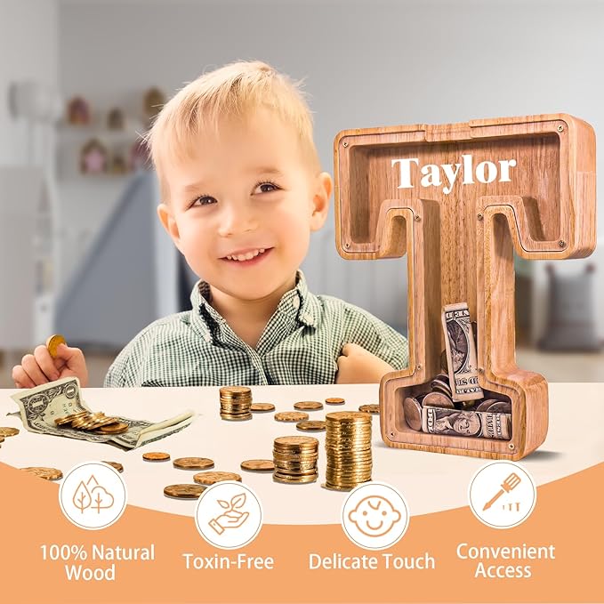 Wooden Letter Piggy Bank for Kids Larger Letter Piggy Bank for Boys and Girls Personalized Piggy Bank Initial Coin Bank Wood Kids Money Bank for Birthday and Festival