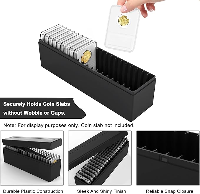 Plastic Coin Slab Storage Box – 20-Slot Coin Holder Organizer Case Fits for PCGS NGC PMG PCCB Slabs, Secure Coin Collection Box for Collectors, Home, Office, Bank Use (Box Only, Black)