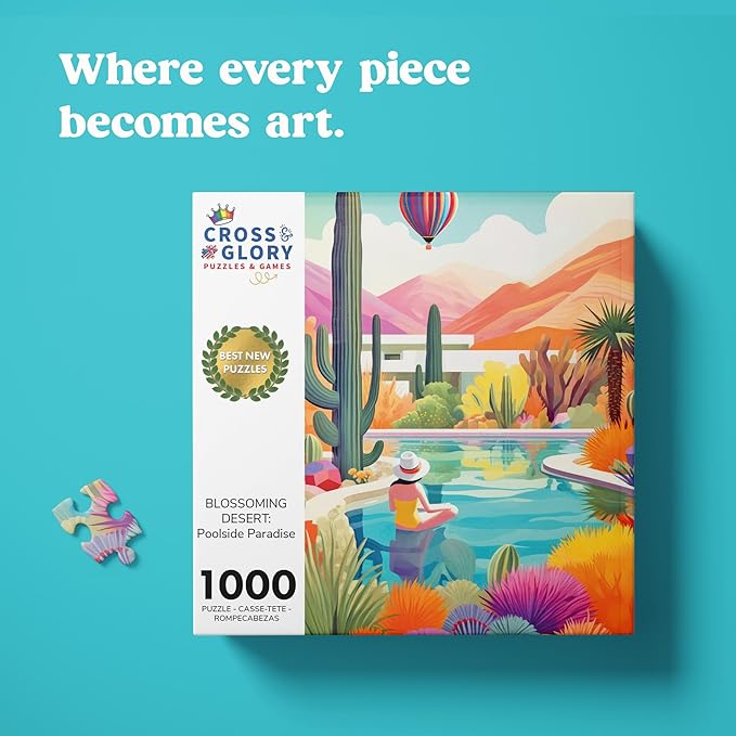 Cross & Glory Jigsaw Puzzles 1000 Pieces - Blossoming Desert: Poolside Paradise - 1000 Piece Landscape Puzzles for Adults | Vibrant Colors | Desert Cactus Succulent | 20x27 Inches | Adult Challenge
