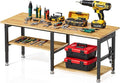 72”Heavy Duty Work Bench, 2-Layer Adjustable Workbench, 5000 LBS Capacity Work Bench with Power Outlet & Pegboard, Rubber Wood Work Table for Garage, Workshop, Office, Home
