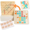 2-in-1 Wooden Geoboard & Mosaic Geometric Shape Pattern Blocks Puzzle,Double-Sided Montessori with 120 PCS Blocks, 40 Rubber Bands, 30 Cards,Brain Teaser