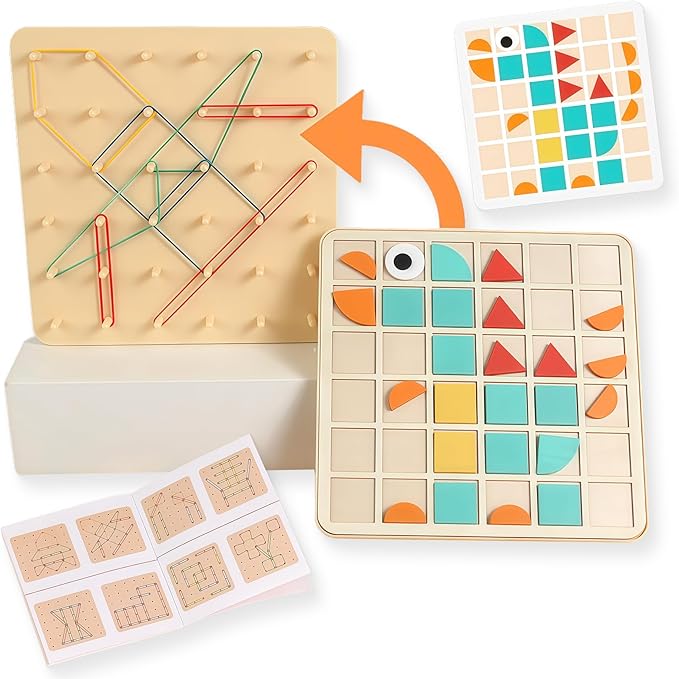 2-in-1 Wooden Geoboard & Mosaic Geometric Shape Pattern Blocks Puzzle,Double-Sided Montessori with 120 PCS Blocks, 40 Rubber Bands, 30 Cards,Brain Teaser