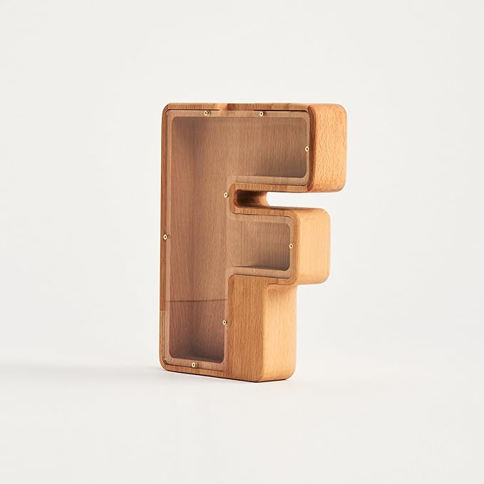 Personalized Wooden Piggy Bank – Custom Letter F Coin Bank in Beech Wood with Clear Acrylic Front, Engraved Name Option, Money Saving Box for Kids and Adults
