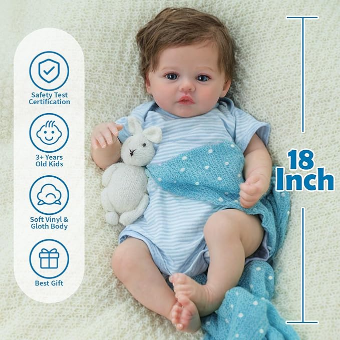 SCOM Reborn Baby Dolls Boy Meadow- 18 Inch Realistic Newborn Soft Weighted Cloth Body Adorable Poseable Real Life Doll with Accessories for 3+ Year Old Gifts, Pretend Play, Collection