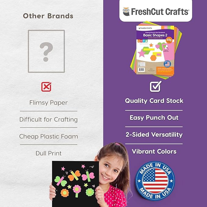 Basic Shapes 2: Hearts, Stars, Hexagons, Rectangles, 696 Pieces US Made Card Stock Punch Out Geometric Shapes in 3 Sizes and 4 NEON Colors for Math, Pattern Play and DIY Crafting
