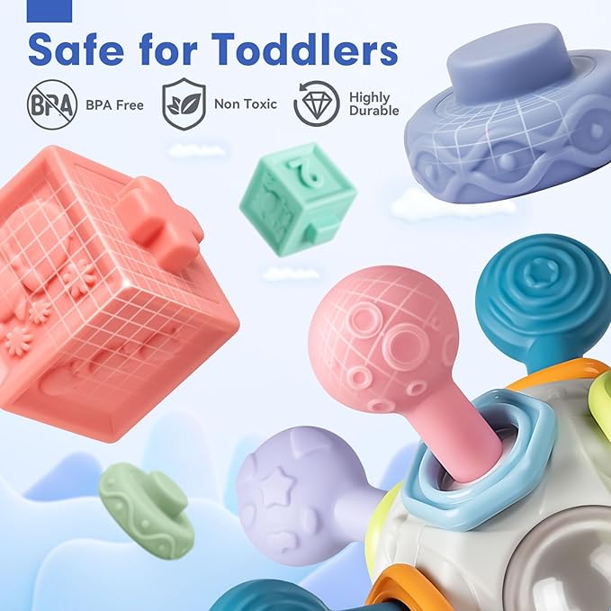 Baby Sensory Teething Toys Set, Montessori Baby Toys 6-12 Months, Incl Newborn Rattle Teether & Baby Blocks & Soft Stacking Rings, Ideal Babies Boy Girl Gifts, Infant Toys 0-3-6-9-12-18 Month