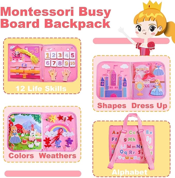 Montessori Busy Book for Toddlers 1 3, 19 in 1 Educational Learning Toys for Toddlers 2 4，Sensory Fine Motor Skills Activity Board for Girls Birthday Gifts,Busy Book Travel Toys