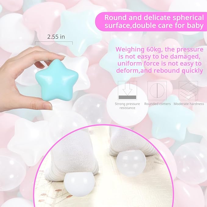Ball Pit Balls Pack of 100 200 500 - Star and Round Set BPA Free Phthalate Free Non-Toxic Crush Proof Play Balls Soft Plastic Balls for Toddlers Baby Kids Birthday Pool Tent Party