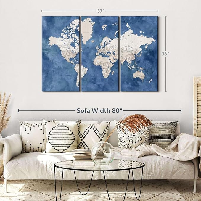 ElephantStock Detailed World Map With Cities I Wall Art - Horizontal Canvas - 3-Piece Living Room Decor - Watercolor Map Canvas Print - Beige and Blue Wall Decor by Blursbyai - 57" X 36"